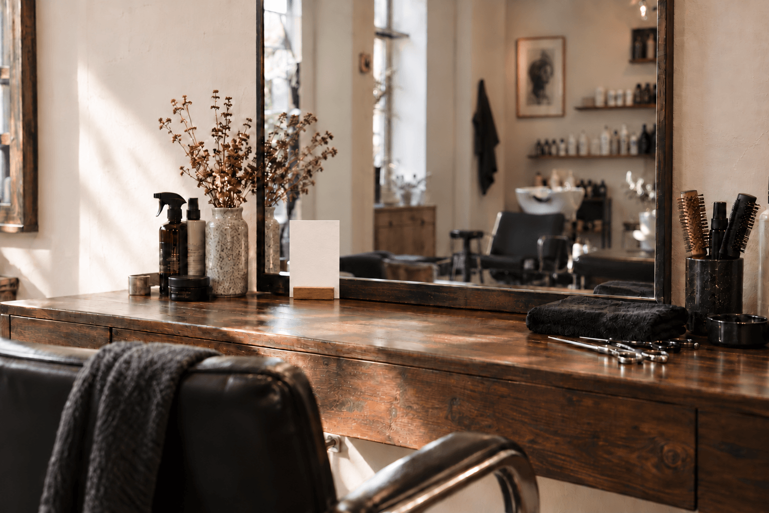 AI-generated salon scene with a ChairTime QR booking card beside a mirror and hairdressing tools.